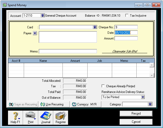 Layar Spend Money MYOB Premier