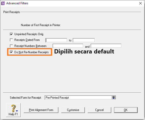 “Do Not Re-Number Receipts” sebagai pengaturan default di ABSS Premier