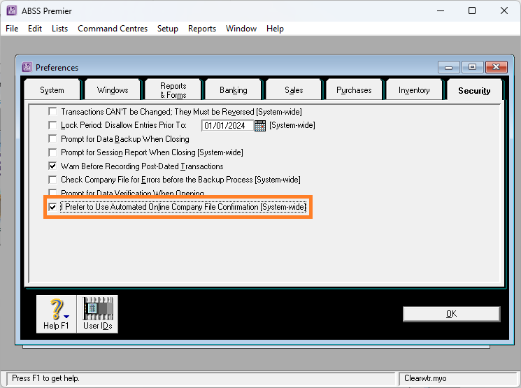 automated online confirmation - ABSS Indonesia Preferences window (Security tab) with a checked option: 'I Prefer to Use Automated Online Company File Confirmation (System-wide)'.