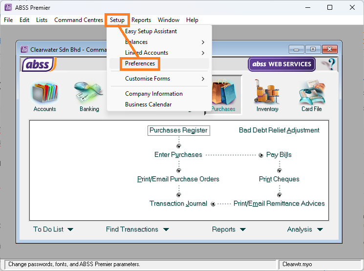 setup preferences menu - ABSS Indonesia Setup menu expanded in ABSS Premier with Preferences highlighted/selected in the dropdown.